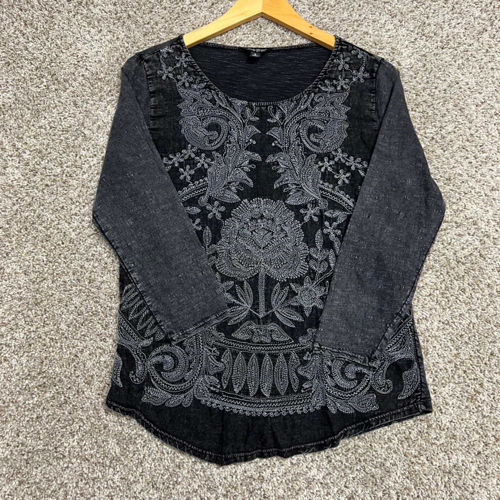 Lucky Brand Womens Black Embroidered Floral Paisley 3/4 Sleeve Top Small